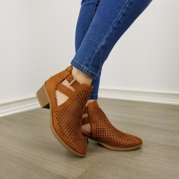 Brown Perforated Cut Open Ankle Boots - Picture 6 of 12